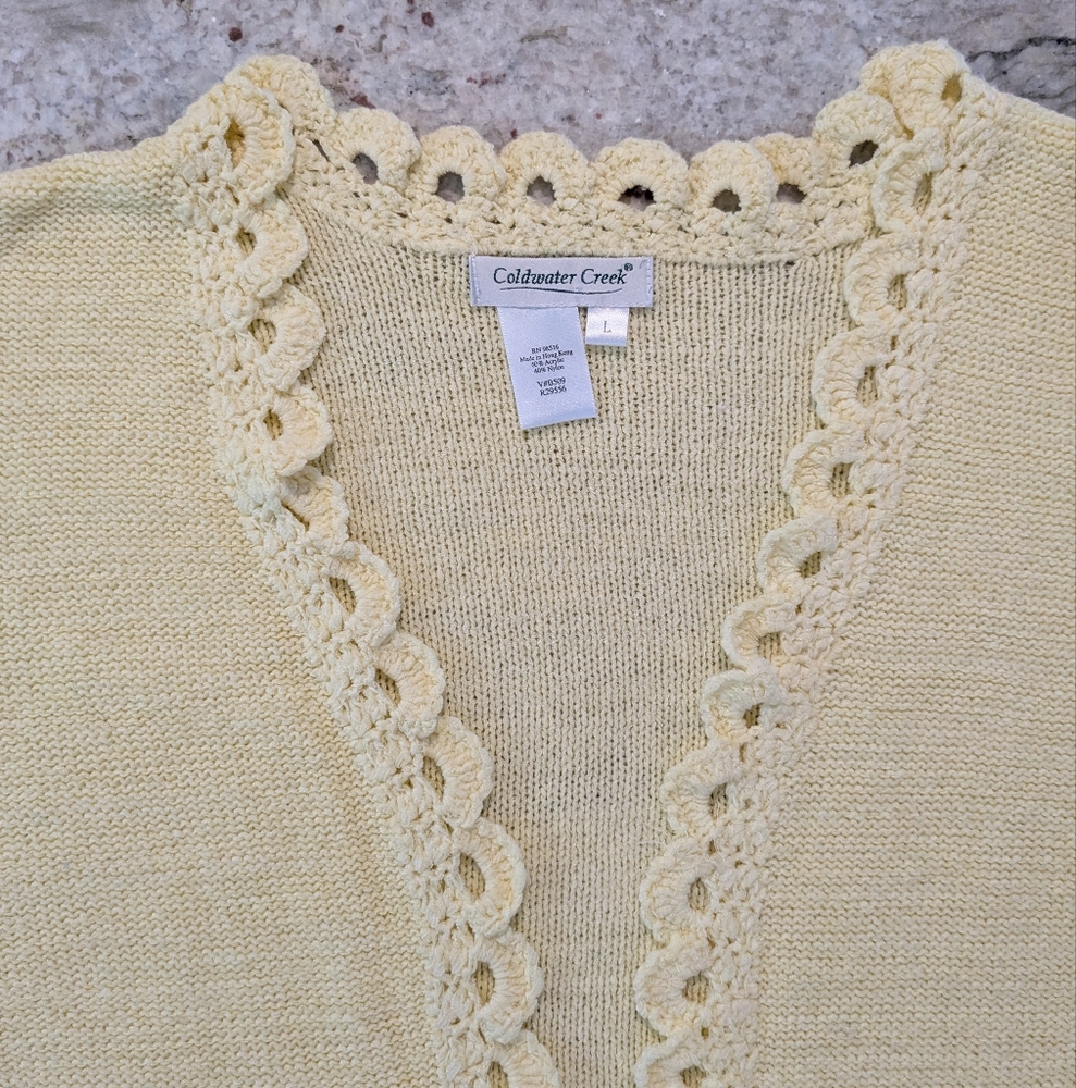 Coldwater Creek Cardigan Sweater Crochet Trim Size Large Yellow Knit No Buttons